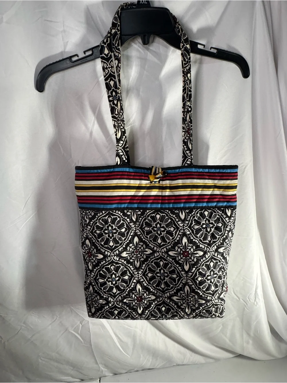 Vera Bradley Black Quilted Tote with Multicolor Stripe Trim